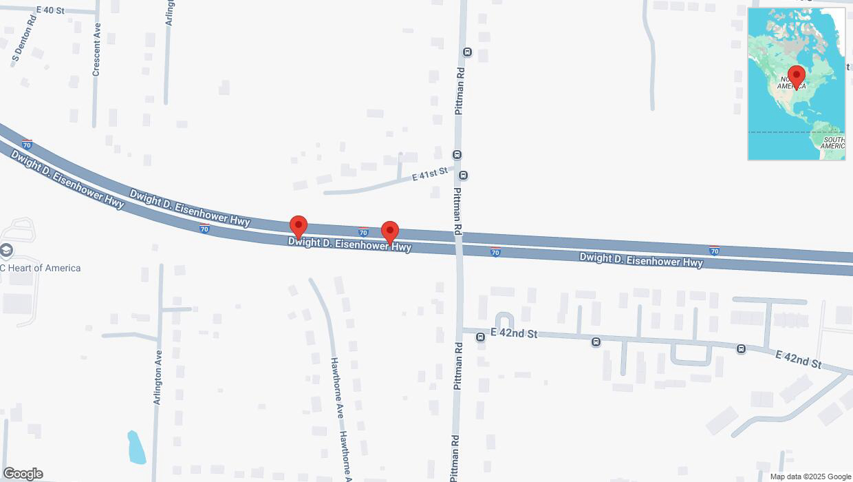 A detailed map that shows the affected road due to 'Broken down vehicle on eastbound I-70 in Kansas City' on March 14th at 6:53 p.m.