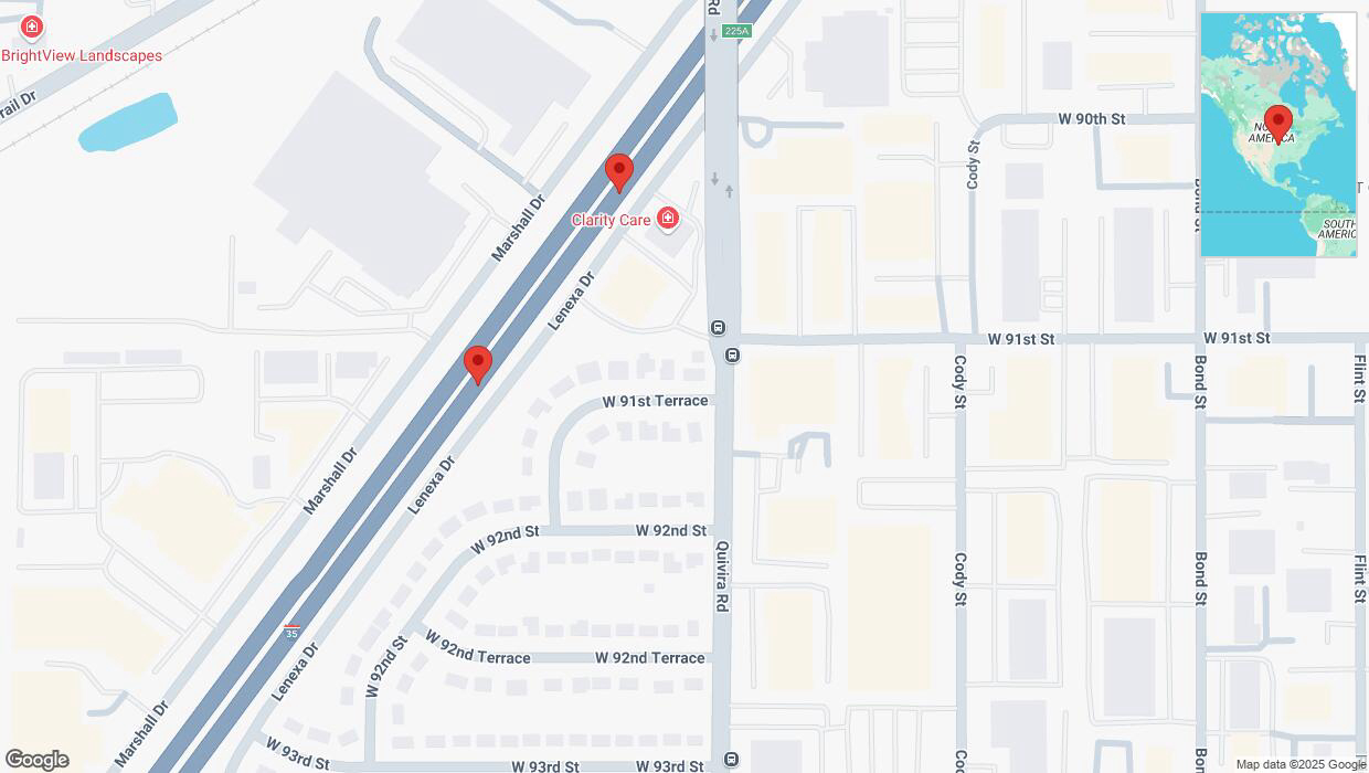 A detailed map that shows the affected road due to 'Broken down vehicle on eastbound I-35 in Lenexa' on March 14th at 7:43 p.m.