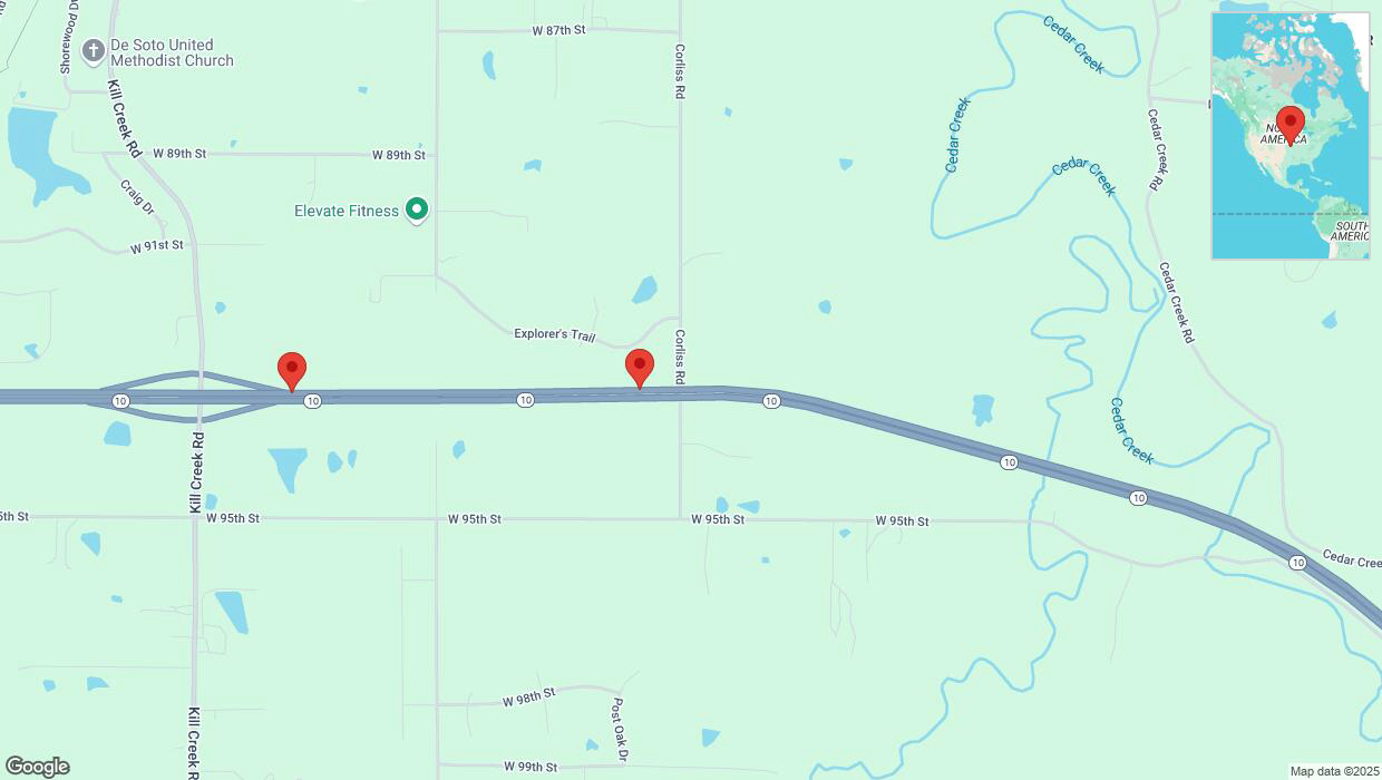 A detailed map that shows the affected road due to 'De Soto: K-10 temporarily closed' on March 14th at 8:06 p.m.