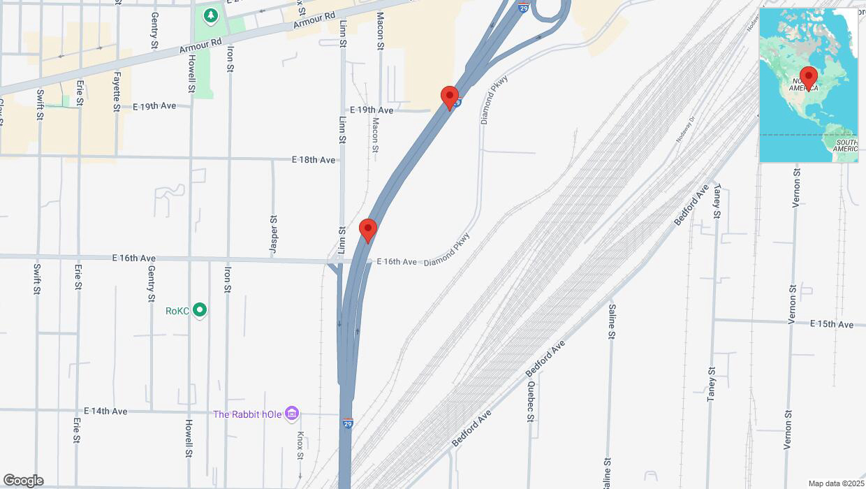 A detailed map that shows the affected road due to 'Broken down vehicle on northbound I-29/I-35 in Kansas City' on March 14th at 8:23 p.m.