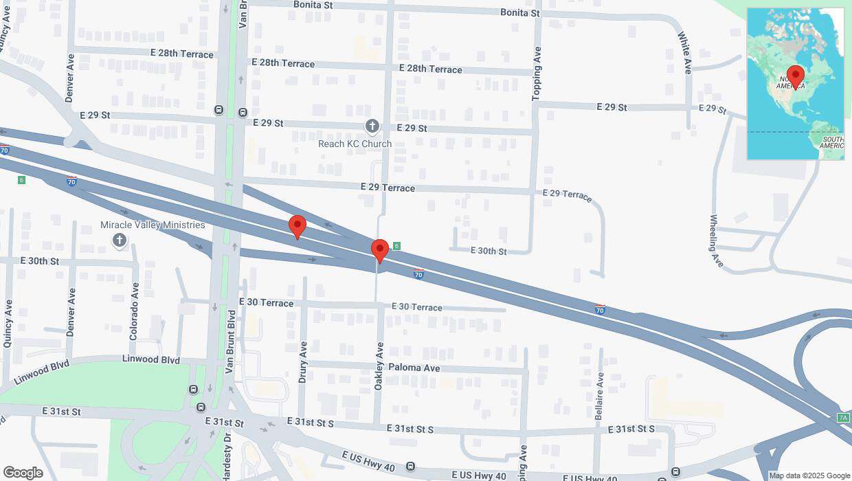 A detailed map that shows the affected road due to 'Broken down vehicle on eastbound I-70 in Kansas City' on March 14th at 11:26 p.m.