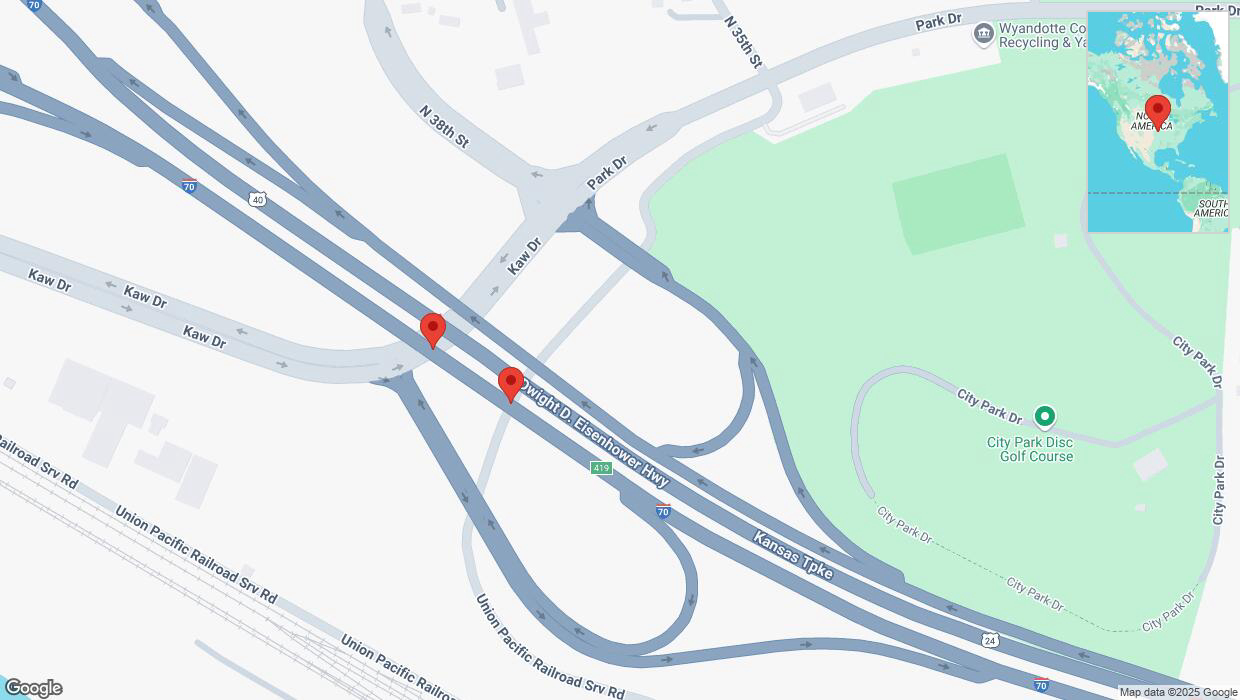 A detailed map that shows the affected road due to 'Broken down vehicle on eastbound I-70 in Kansas City' on March 14th at 11:31 p.m.
