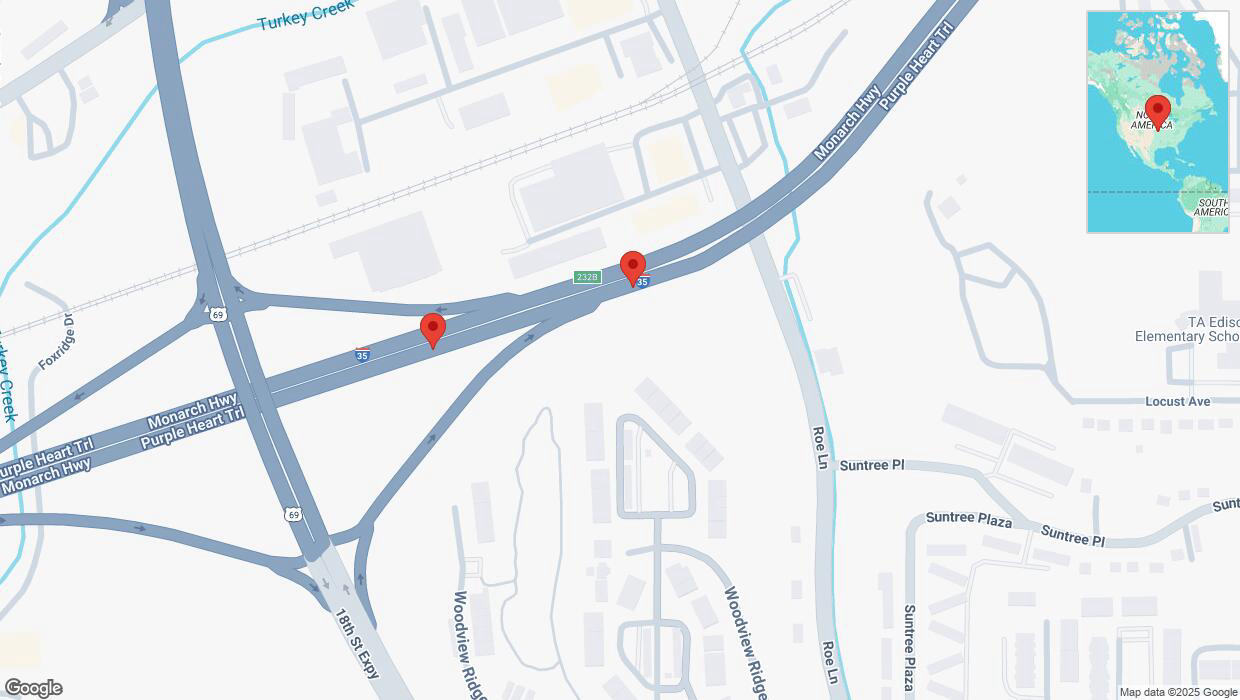 A detailed map that shows the affected road due to 'Broken down vehicle on northbound I-35 in Kansas City' on March 15th at 5:23 p.m.