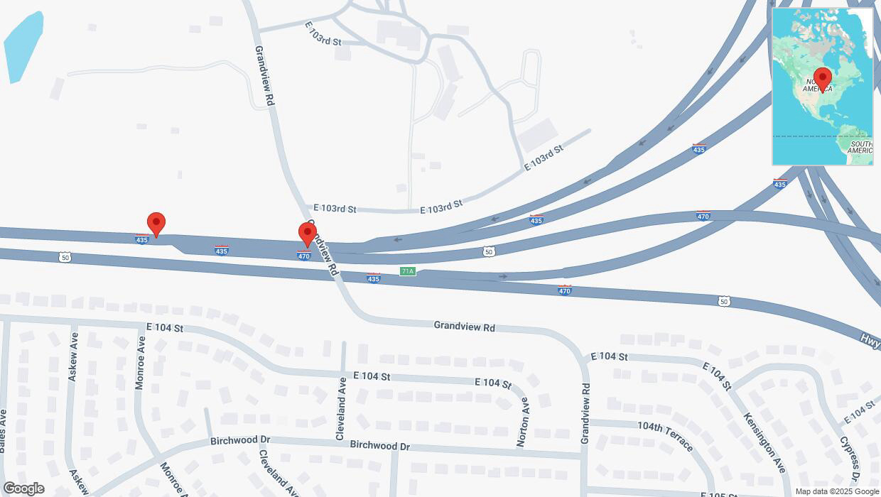 A detailed map that shows the affected road due to 'Broken down vehicle on southbound I-435 in Kansas City' on March 15th at 12:03 p.m.