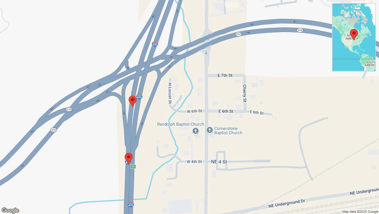 A detailed map that shows the affected road due to 'Broken down vehicle on southbound I-435 in Randolph' on March 15th at 12:21 p.m.