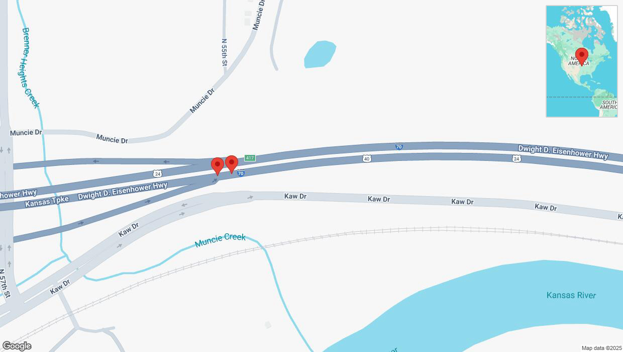 A detailed map that shows the affected road due to 'Broken down vehicle on eastbound I-70 in Kansas City' on March 15th at 1:48 p.m.