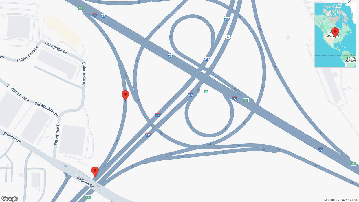 A detailed map that shows the affected road due to 'Broken down vehicle on Interstate 435 in Kansas City' on March 15th at 2:34 p.m.