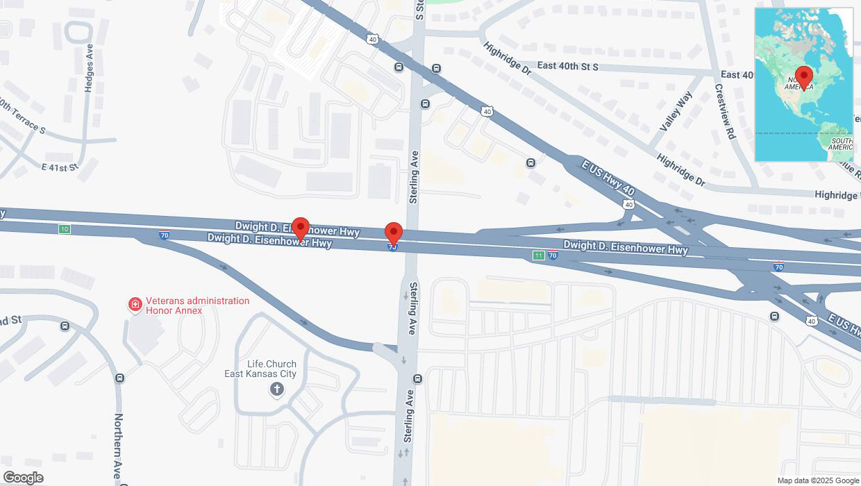 A detailed map that shows the affected road due to 'Broken down vehicle on eastbound I-70 in Kansas City' on March 15th at 1:54 p.m.