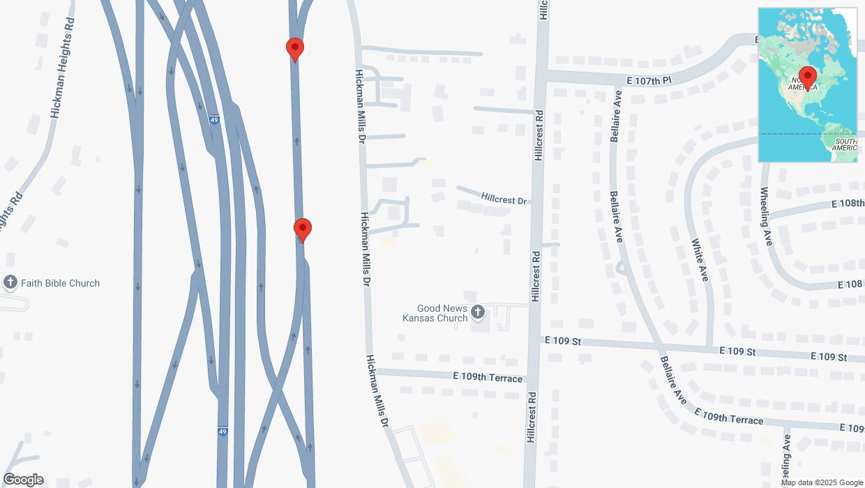 A detailed map that shows the affected road due to 'Broken down vehicle on Hickman Mills Drive in Kansas City' on March 15th at 3:20 p.m.