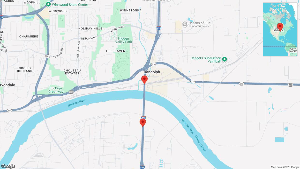 A detailed map that shows the affected road due to 'Warning in Randolph: Crash reported on southbound I-435' on March 15th at 3:53 p.m.
