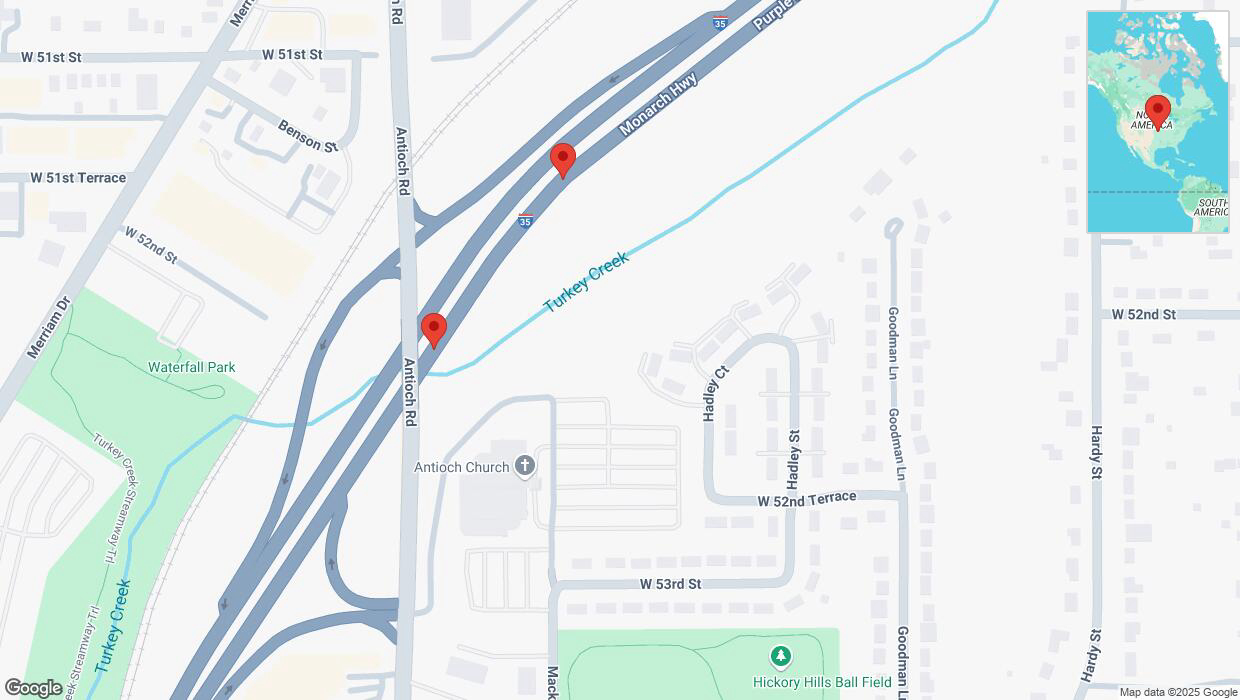 A detailed map that shows the affected road due to 'Crash reported on northbound I-35 in Overland Park' on March 15th at 5:23 p.m.