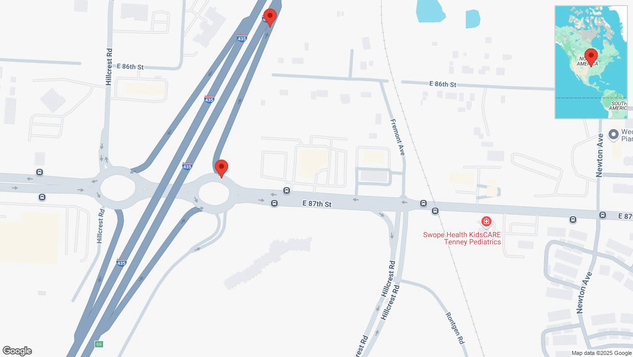 A detailed map that shows the affected road due to 'Broken down vehicle on Hillcrest Road in Kansas City' on March 15th at 8:11 p.m.