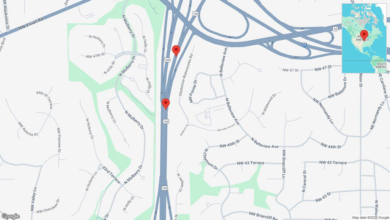 A detailed map that shows the affected road due to 'Broken down vehicle on northbound US-169 in Kansas City' on March 15th at 9:08 p.m.