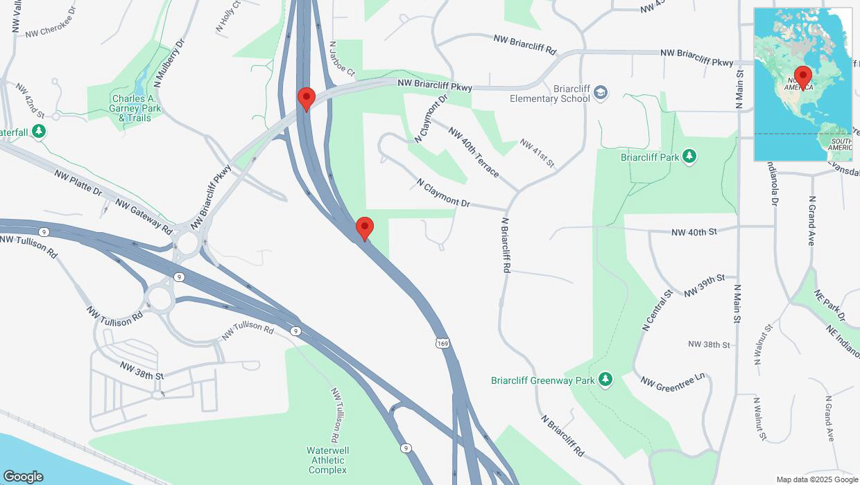 A detailed map that shows the affected road due to 'Broken down vehicle on northbound US-169 in Kansas City' on March 15th at 9:13 p.m.