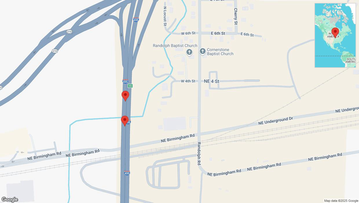 A detailed map that shows the affected road due to 'Broken down vehicle on southbound I-435 in Randolph' on March 15th at 11:57 p.m.