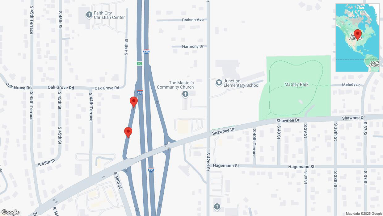 A detailed map that shows the affected road due to 'Broken down vehicle on Oak Grove Road in Kansas City' on March 15th at 10:44 p.m.
