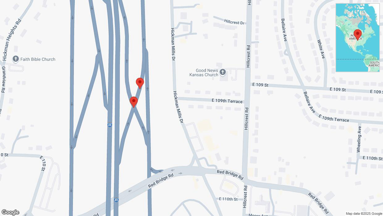 A detailed map that shows the affected road due to 'Crash reported on the U. S. Highway 71 in Kansas City' on March 15th at 10:44 p.m.