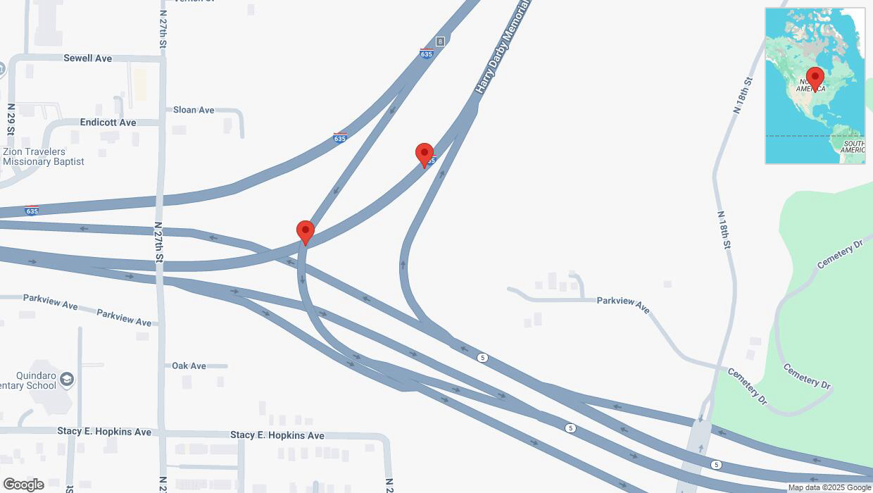 A detailed map that shows the affected road due to 'Broken down vehicle on northbound I-635 in Kansas City' on March 15th at 11:17 p.m.