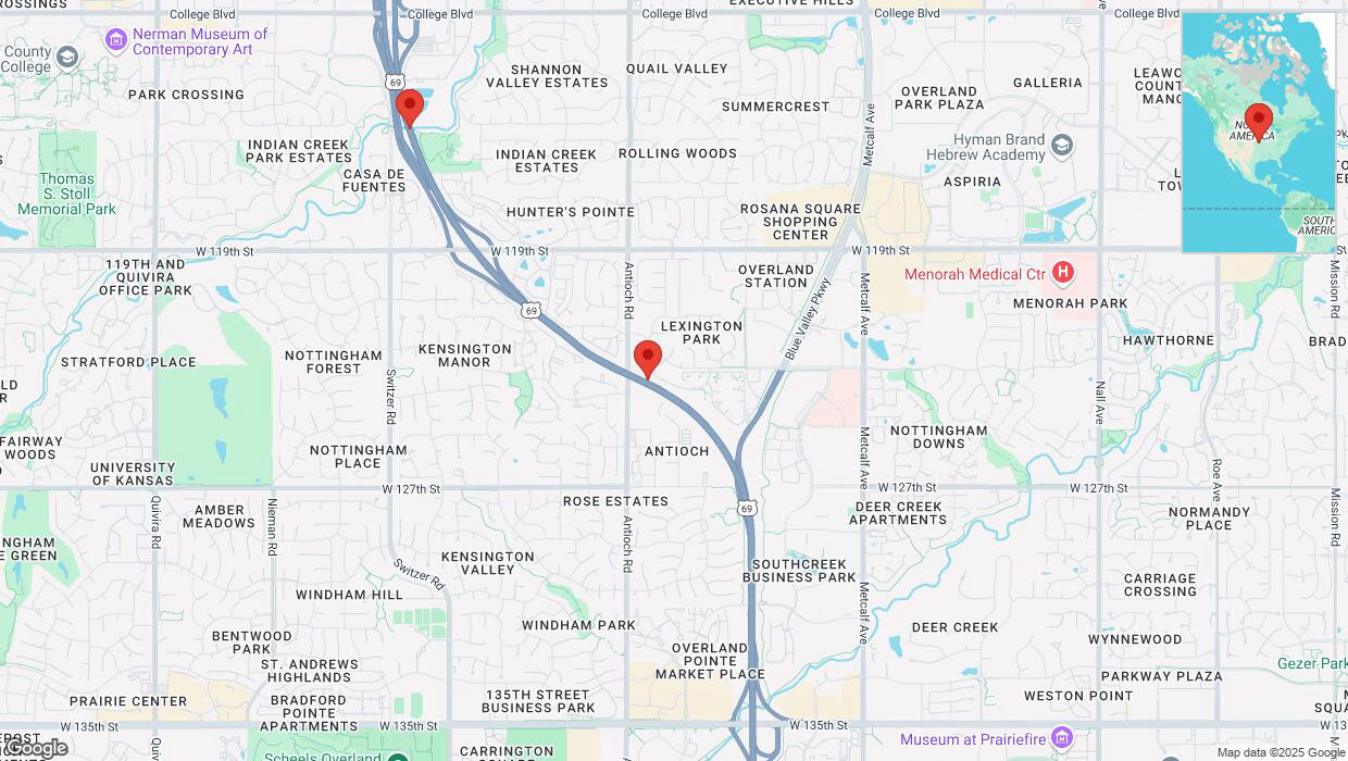 A detailed map that shows the affected road due to 'Lane on US-69 closed in Overland Park' on March 17th at 10:04 p.m.