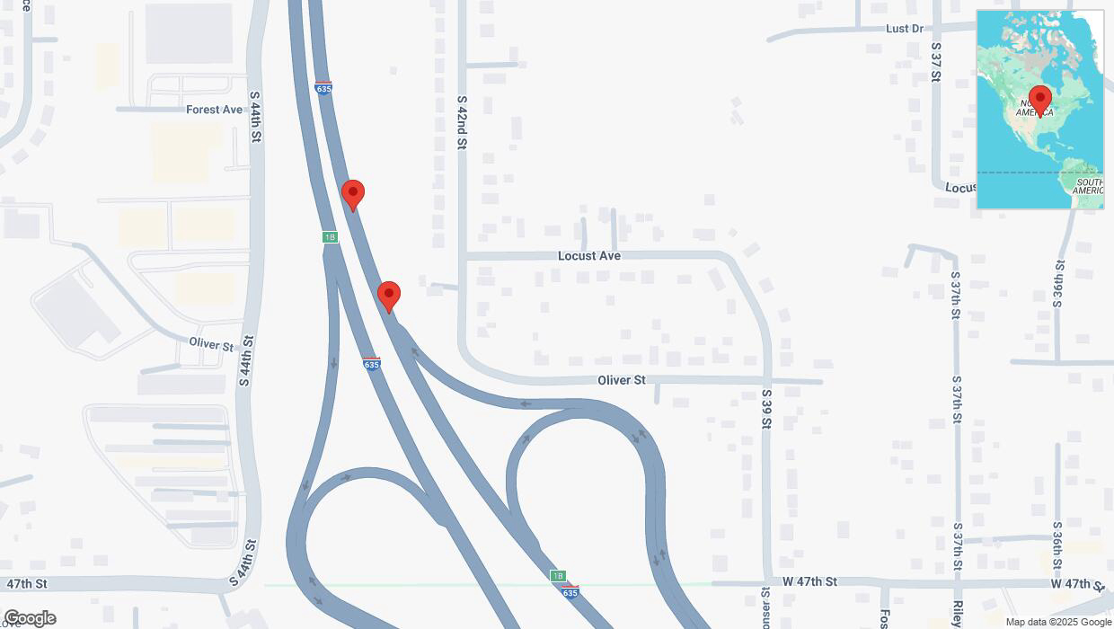 A detailed map that shows the affected road due to 'Broken down vehicle on northbound I-635 in Kansas City' on March 16th at 3:18 p.m.