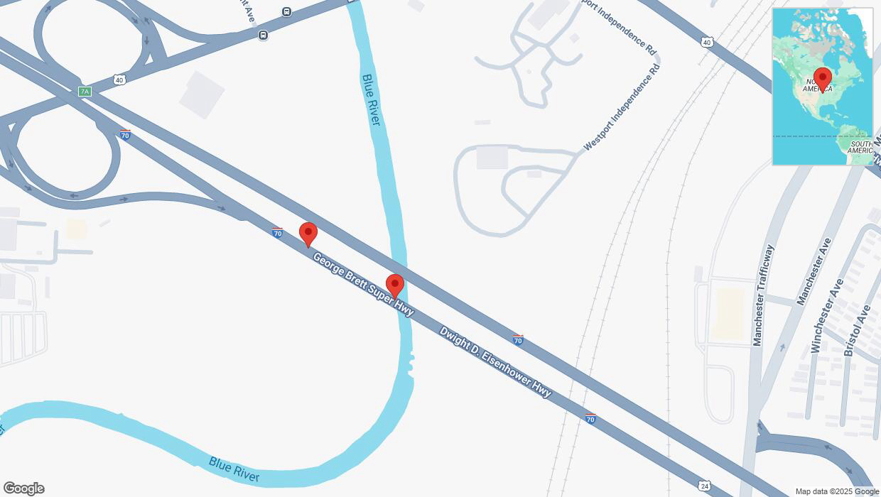 A detailed map that shows the affected road due to 'Crash reported on eastbound I-70 in Kansas City' on March 16th at 6:19 p.m.