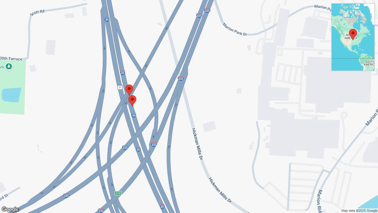 A detailed map that shows the affected road due to 'Broken down vehicle on northbound I-40/US-71 in Kansas City' on March 16th at 7:37 p.m.