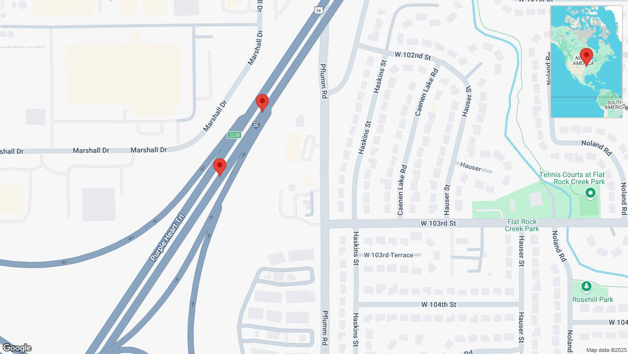 A detailed map that shows the affected road due to 'Broken down vehicle on eastbound I-35 in Lenexa' on March 18th at 8:17 p.m.