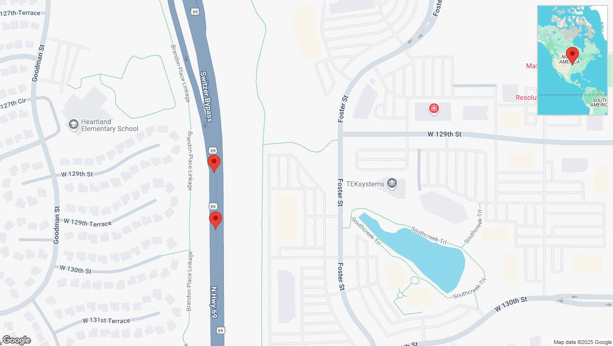 A detailed map that shows the affected road due to 'Lane on US-69 closed in Overland Park' on March 17th at 12:03 p.m.