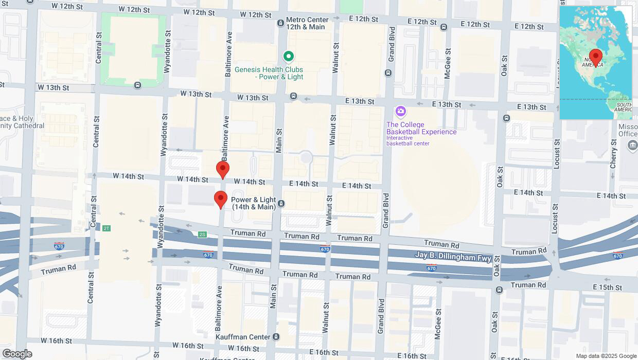 A detailed map that shows the affected road due to 'Baltimore Avenue temporarily closed in Kansas City' on March 17th at 12:03 p.m.