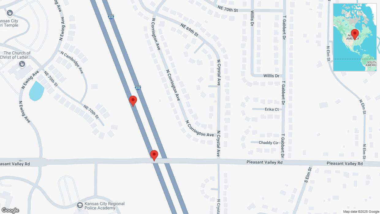 A detailed map that shows the affected road due to 'Broken down vehicle on southbound I-435 in Kansas City' on March 17th at 1:34 p.m.
