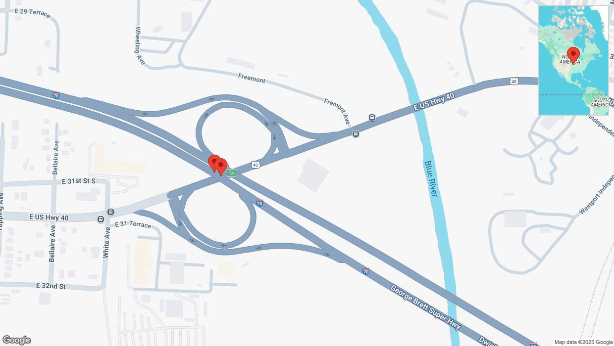A detailed map that shows the affected road due to 'Broken down vehicle on eastbound I-70 in Kansas City' on March 17th at 1:46 p.m.
