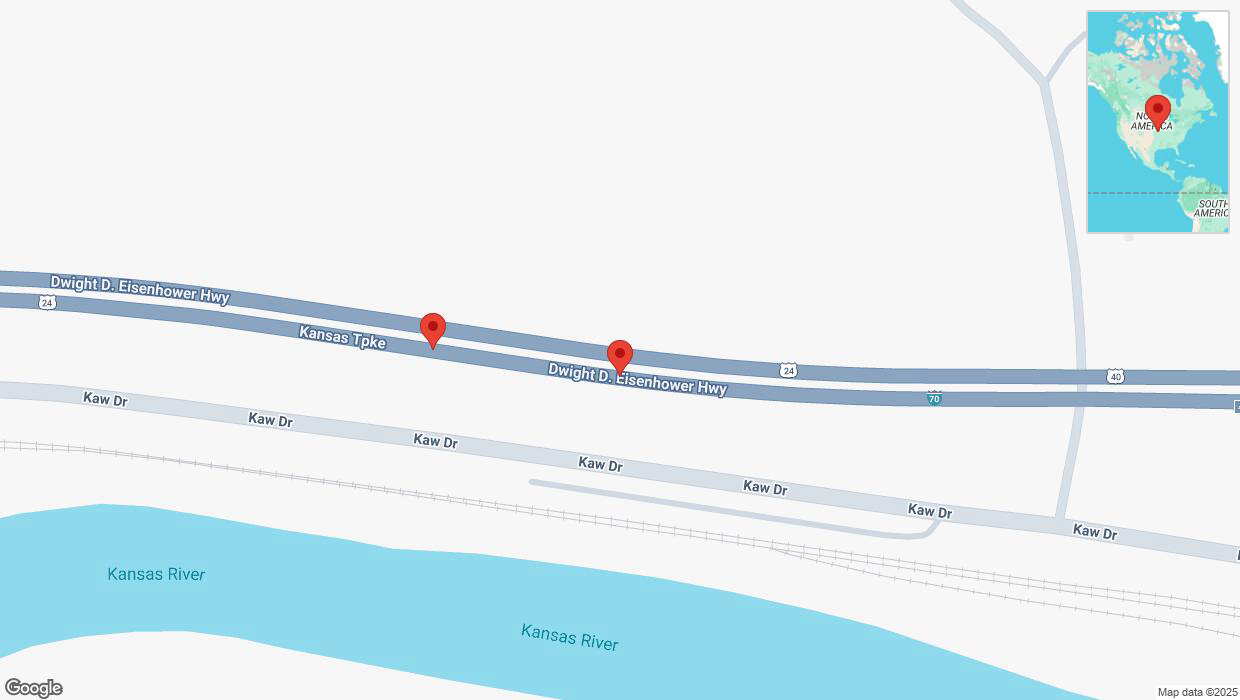 A detailed map that shows the affected road due to 'Broken down vehicle on eastbound I-70 in Kansas City' on March 17th at 2:43 p.m.