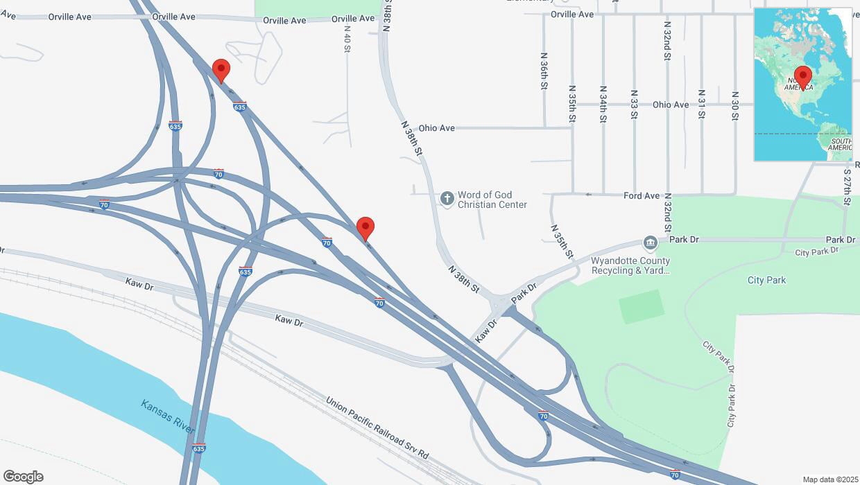 A detailed map that shows the affected road due to 'Broken down vehicle in Kansas City' on March 17th at 2:43 p.m.