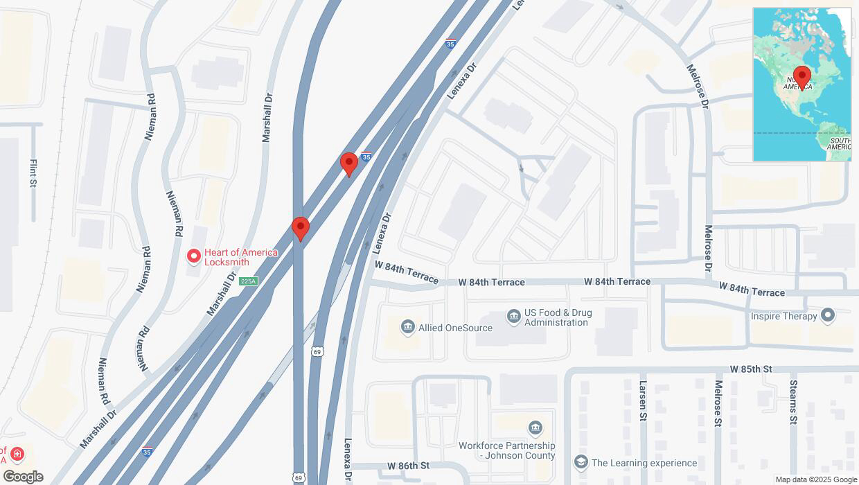 A detailed map that shows the affected road due to 'Broken down vehicle on eastbound I-35 in Lenexa' on March 17th at 3:53 p.m.