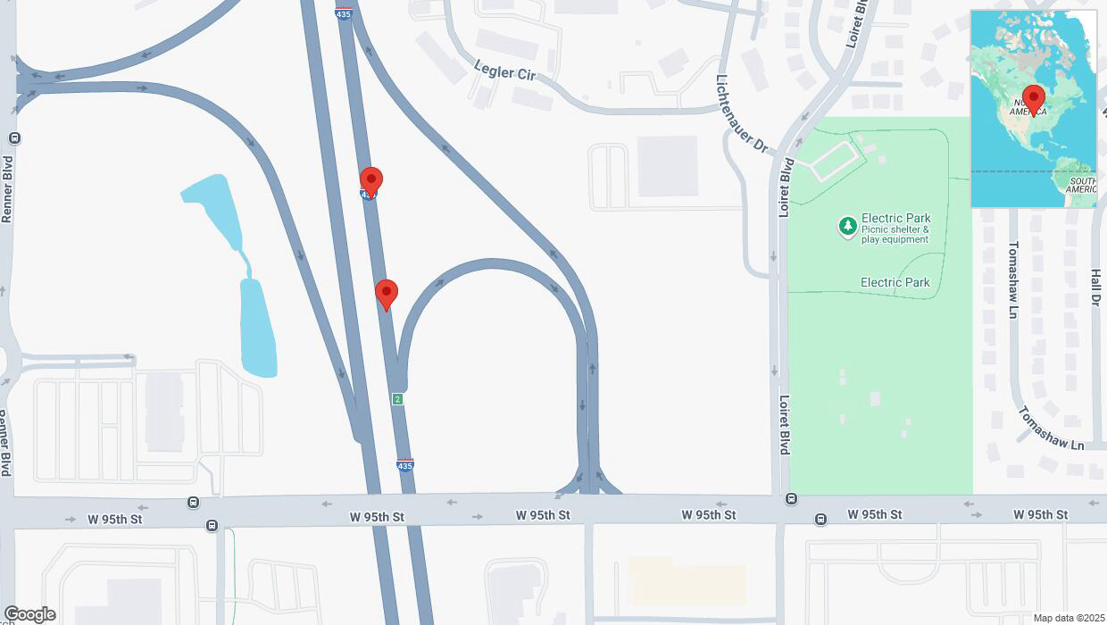 A detailed map that shows the affected road due to 'Broken down vehicle on northbound I-435 in Lenexa' on March 17th at 3:53 p.m.