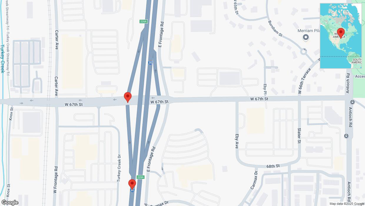 A detailed map that shows the affected road due to 'Broken down vehicle on West 67th Street in Shawnee' on March 17th at 5:03 p.m.