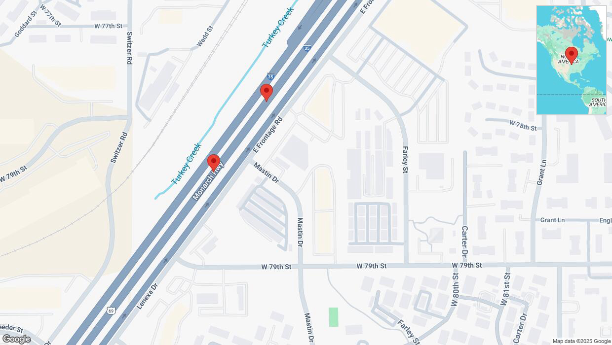 A detailed map that shows the affected road due to 'Broken down vehicle on eastbound I-35 in Overland Park' on March 17th at 7:24 p.m.