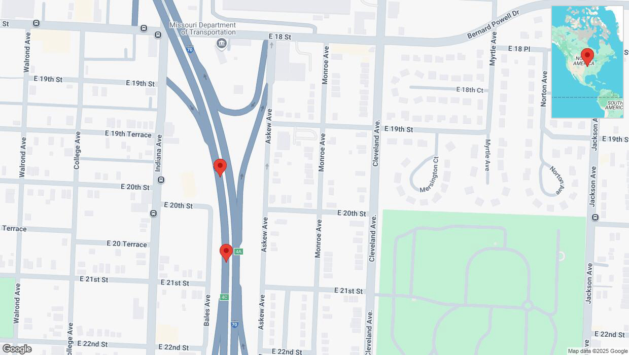 A detailed map that shows the affected road due to 'Broken down vehicle on eastbound I-70 in Kansas City' on March 17th at 7:24 p.m.