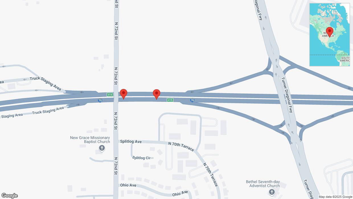 A detailed map that shows the affected road due to 'Broken down vehicle on eastbound I-70 in Kansas City' on March 17th at 7:41 p.m.