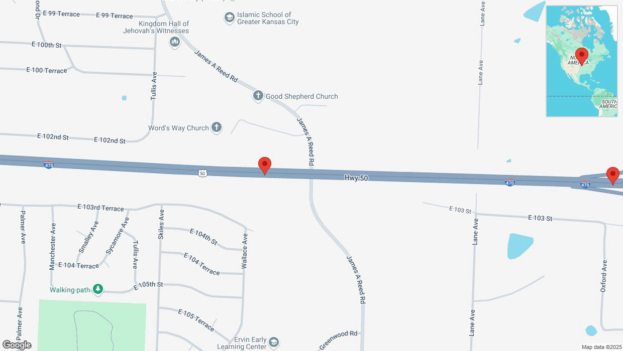 A detailed map that shows the affected road due to 'Warning in Kansas City: Crash reported on eastbound I-470' on March 17th at 7:41 p.m.