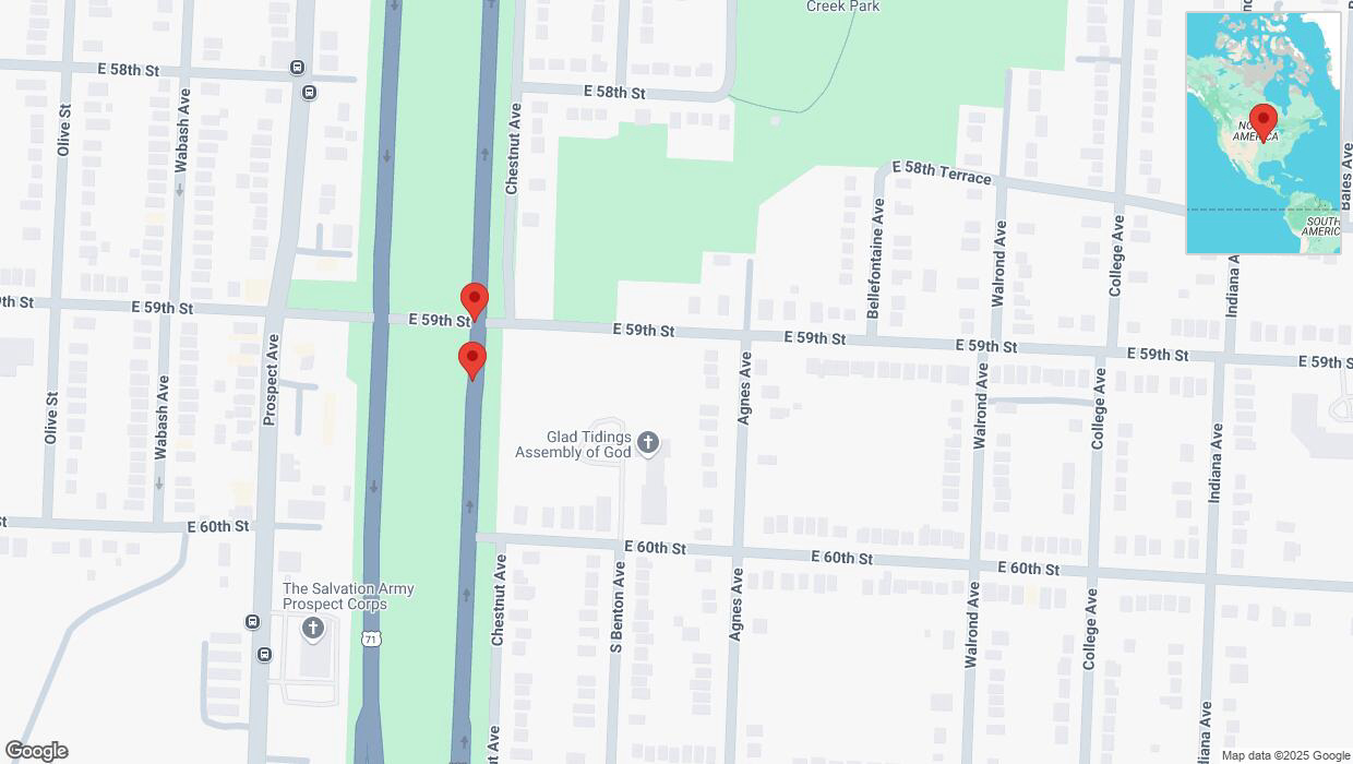 A detailed map that shows the affected road due to 'Broken down vehicle on northbound the Bruce R Watkins Expressway/US-71 in Kansas City' on March 17th at 10:22 p.m.