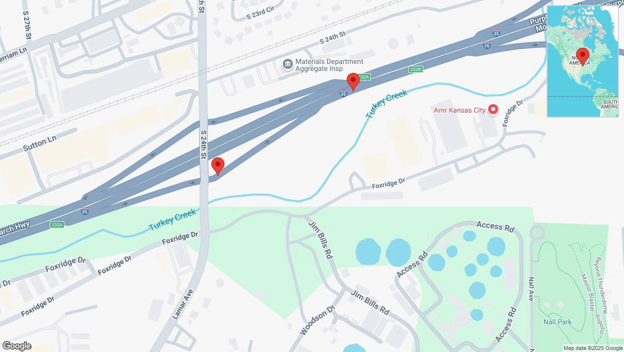 A detailed map that shows the affected road due to 'Broken down vehicle on South 24th Street in Kansas City' on March 18th at 12:58 p.m.
