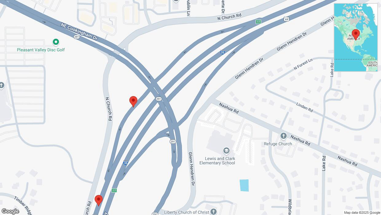 A detailed map that shows the affected road due to 'Broken down vehicle on North Church Road in Liberty' on March 18th at 2:41 p.m.