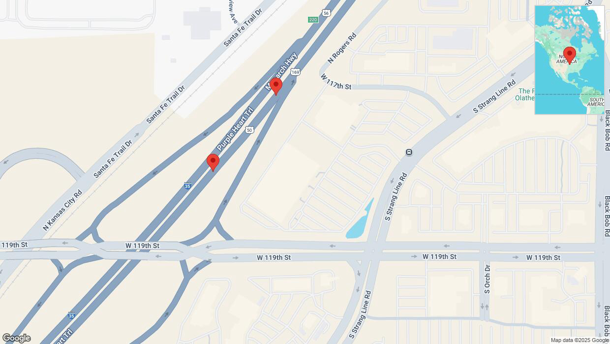 A detailed map that shows the affected road due to 'Broken down vehicle on eastbound I-35 in Olathe' on March 18th at 2:07 p.m.
