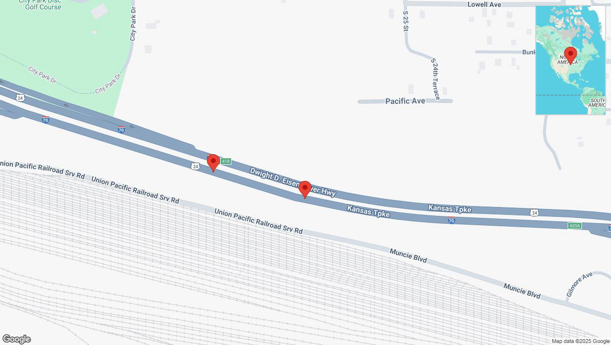 A detailed map that shows the affected road due to 'Broken down vehicle on eastbound I-70 in Kansas City' on March 18th at 2:17 p.m.
