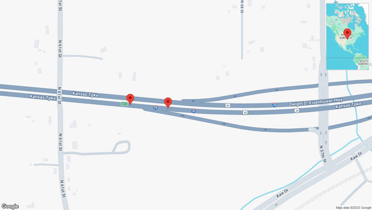 A detailed map that shows the affected road due to 'Broken down vehicle on eastbound I-70 in Kansas City' on March 18th at 2:29 p.m.