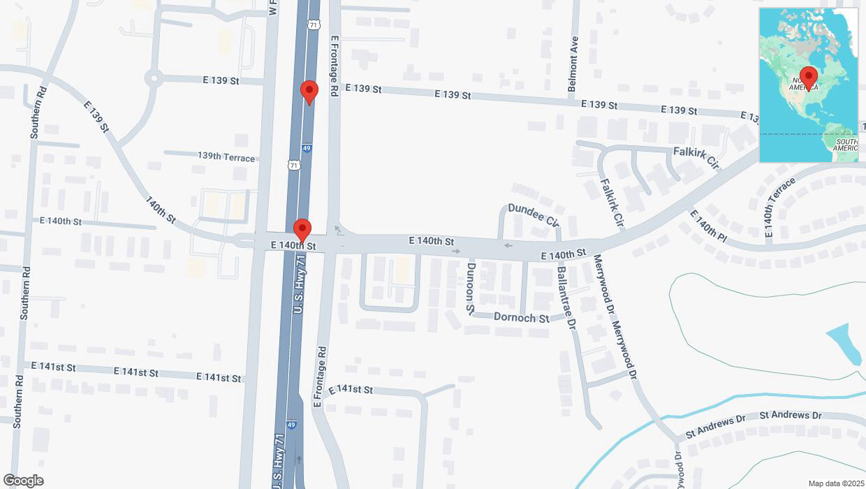 A detailed map that shows the affected road due to 'Broken down vehicle on northbound I-40/US-71 in Grandview' on March 18th at 2:59 p.m.