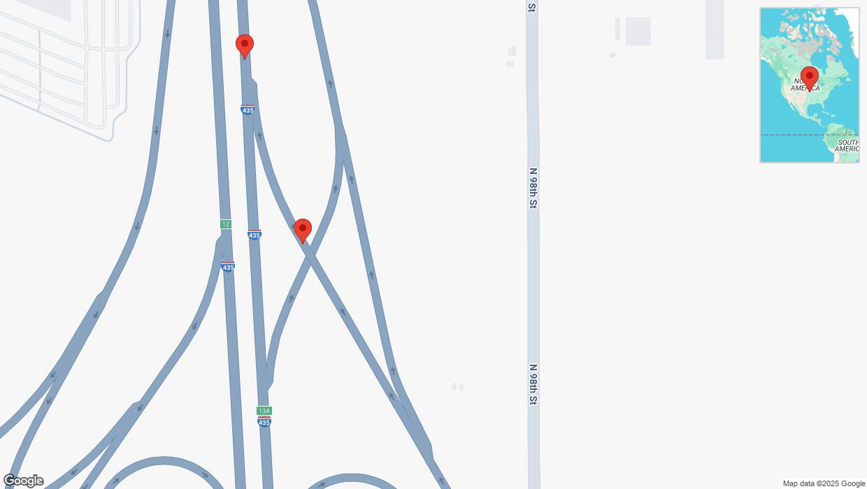 A detailed map that shows the affected road due to 'Broken down vehicle on Interstate 435 in Kansas City' on March 18th at 3:04 p.m.