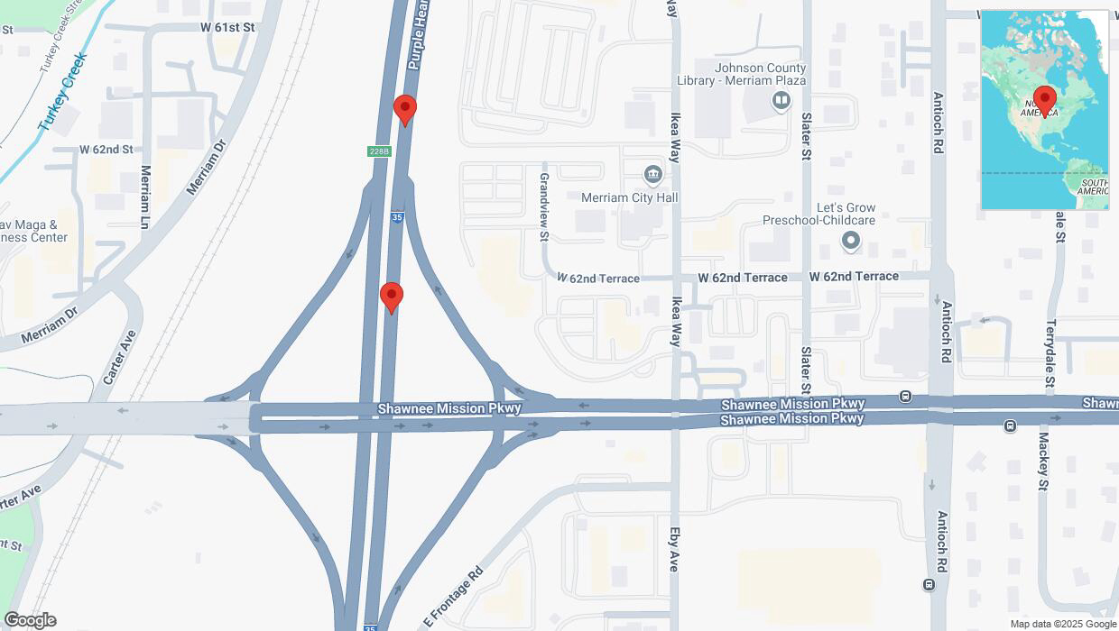 A detailed map that shows the affected road due to 'Broken down vehicle on northbound I-35 in Merriam' on March 18th at 3:40 p.m.