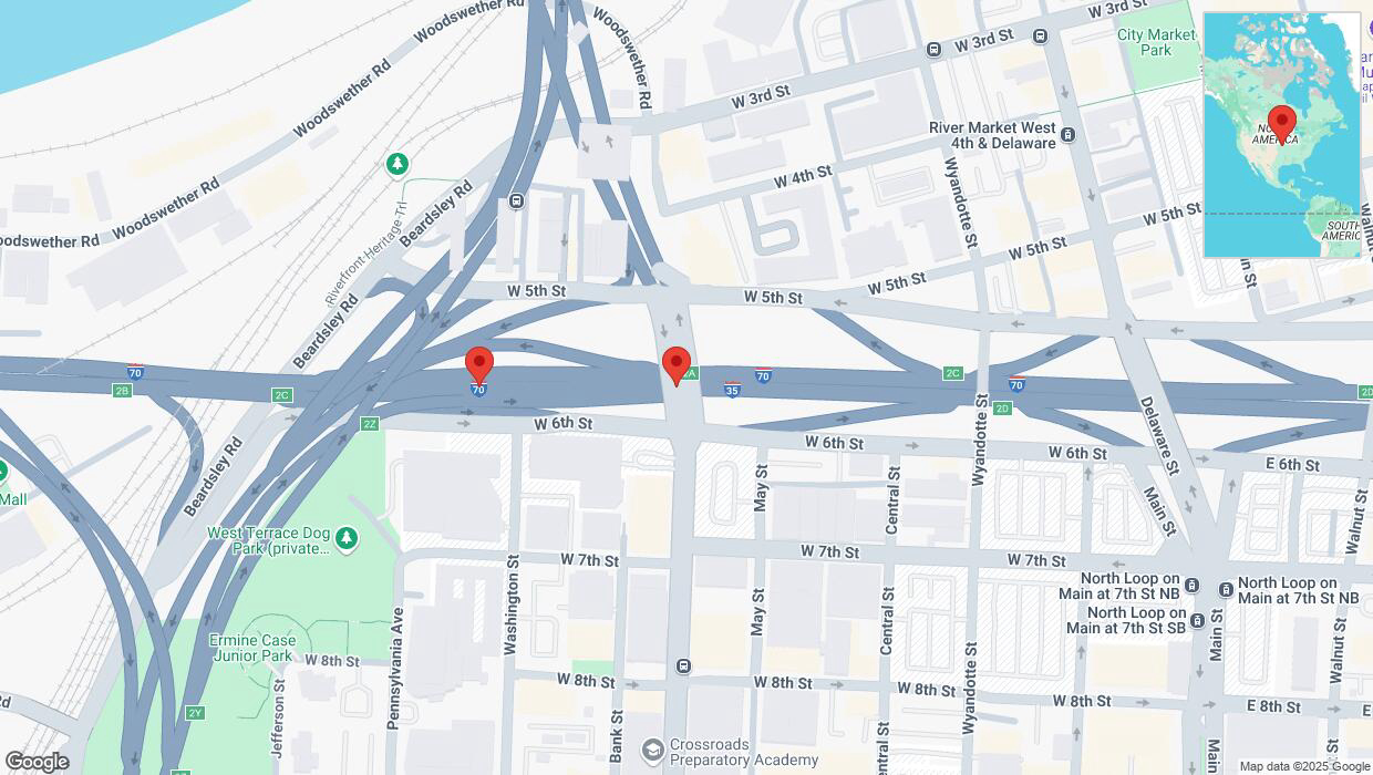 A detailed map that shows the affected road due to 'Broken down vehicle on eastbound I-70 in Kansas City' on March 18th at 3:45 p.m.